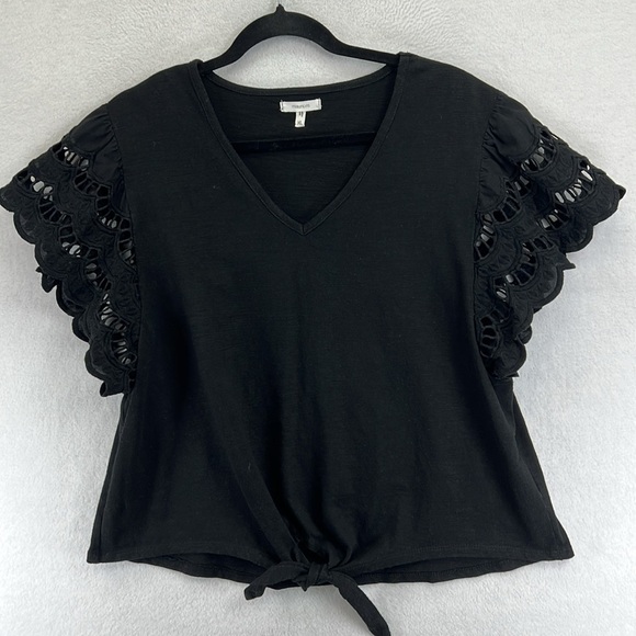 Maurice’s Tie Front Crop Top Sz XL Black Eyelet/Lacey Flutter Sleeve Boho Gypsy - Picture 1 of 11